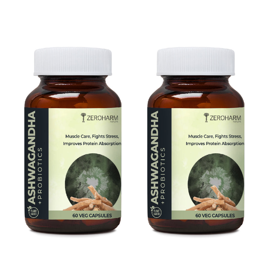 ZEROHARM Ashwagandha Plus Probiotics for Muscle Care & Fights Stress & Improves Protein Absorption - 60 tabs image 2