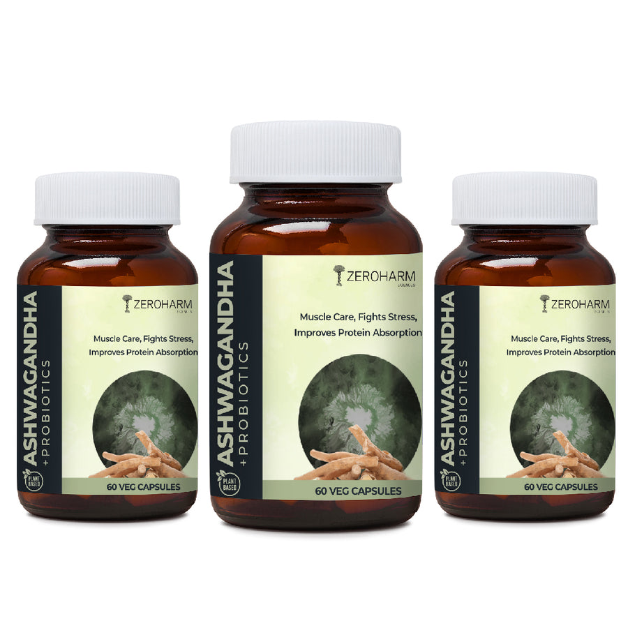 ZEROHARM Ashwagandha Plus Probiotics for Muscle Care & Fights Stress & Improves Protein Absorption - 60 tabs image 3