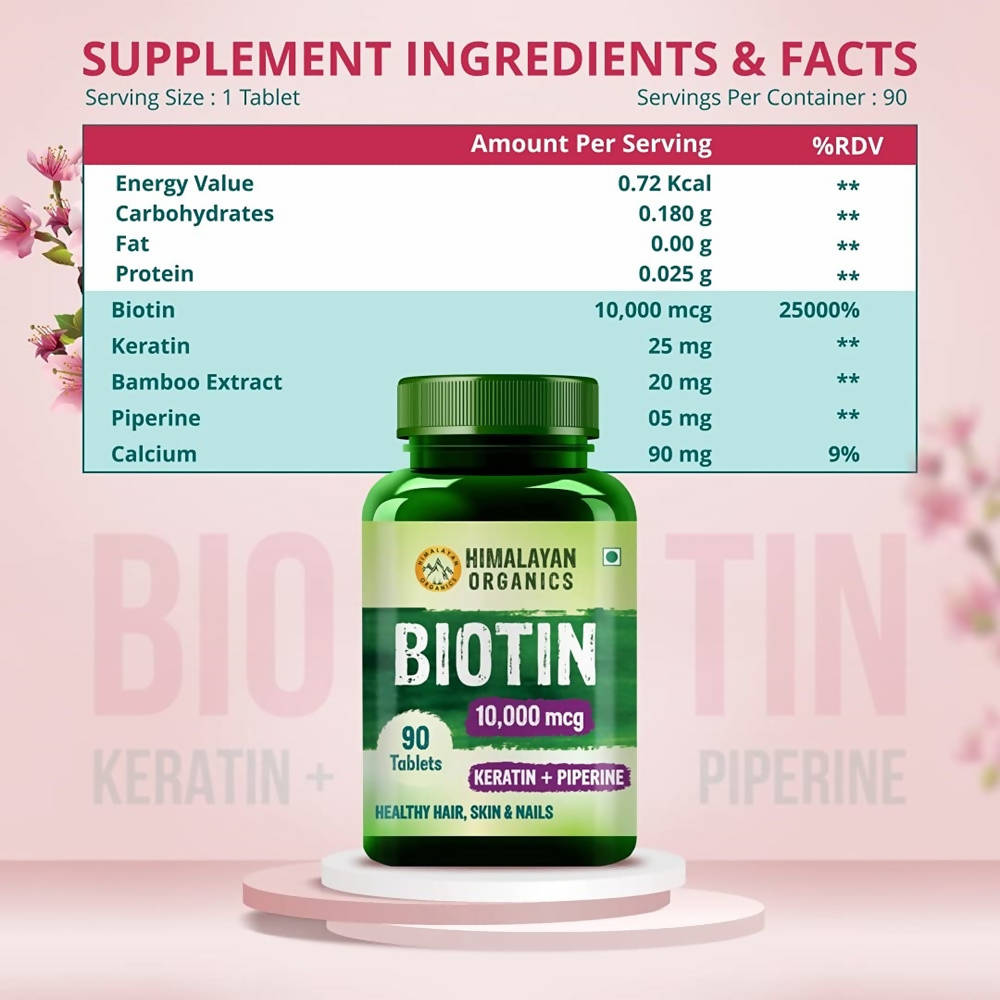 Himalayan Organics Biotin 10000 Mcg with Keratin + Piperine Tablets - 90 Tabs image 4